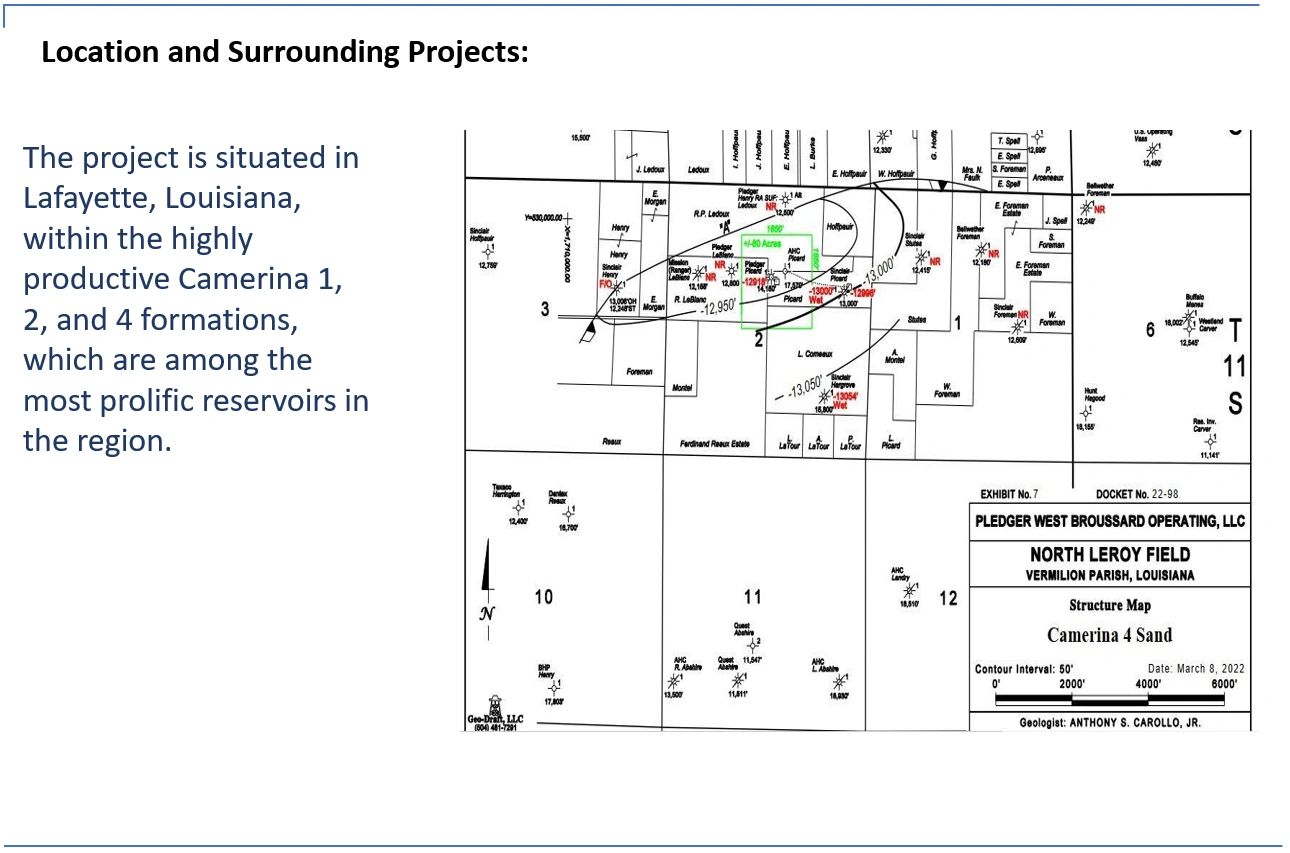 Map showing North Leroy Field project in Vermilion Parish, Louisiana with Camerina 4 Sand formations.