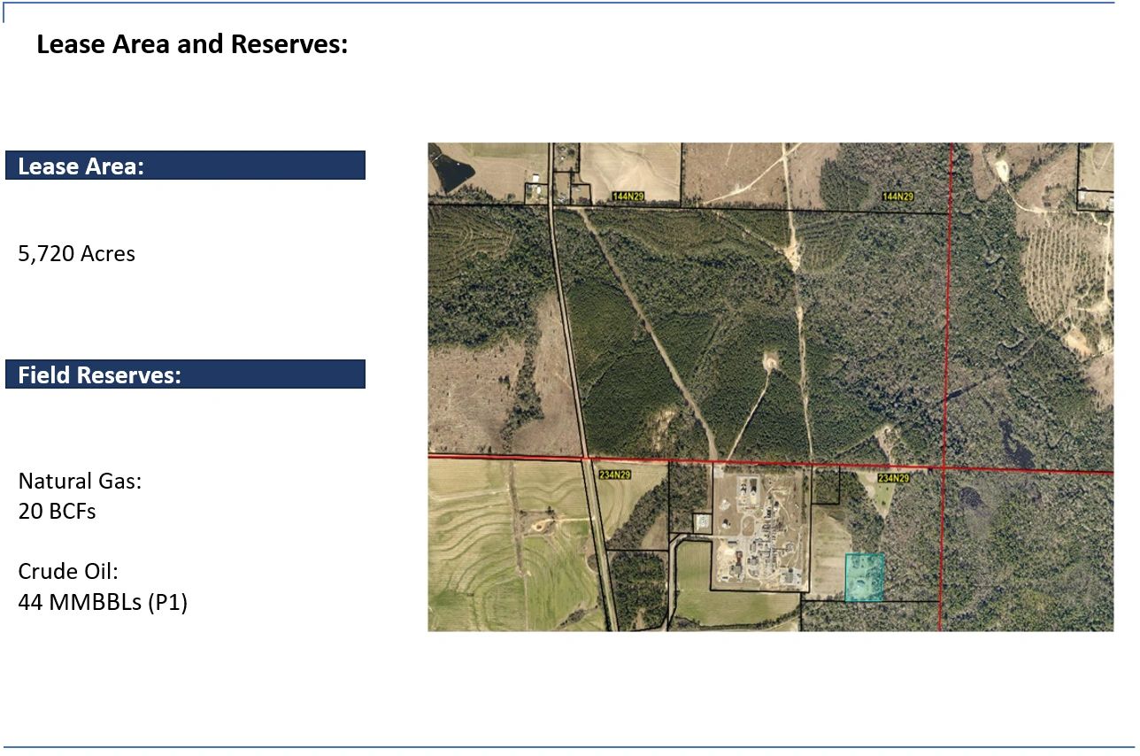 Map showing a 5,720-acre lease area with natural gas and crude oil reserves.