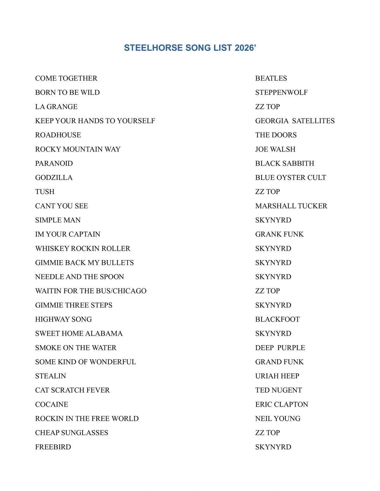 Steelhorse 2026 song list with classic rock hits and artists.
