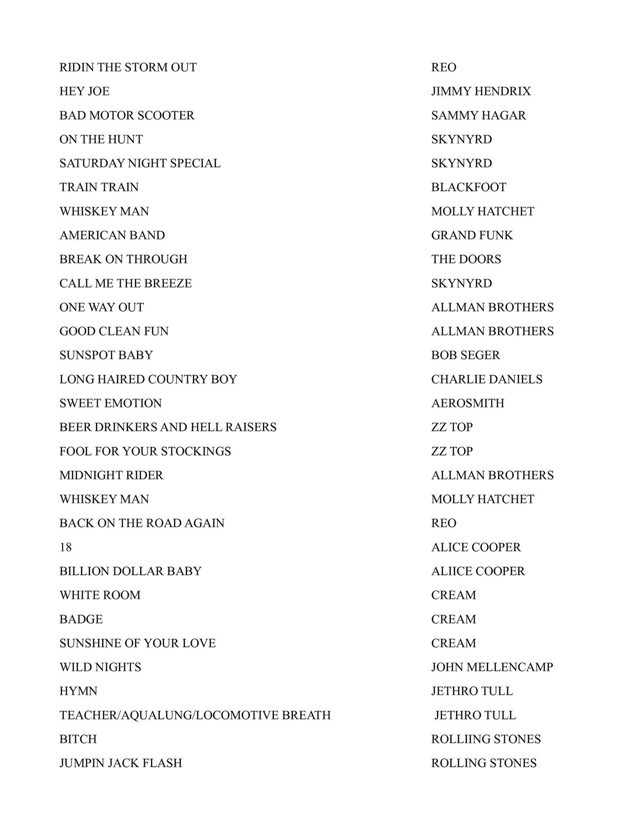 List of classic rock songs and their artists.