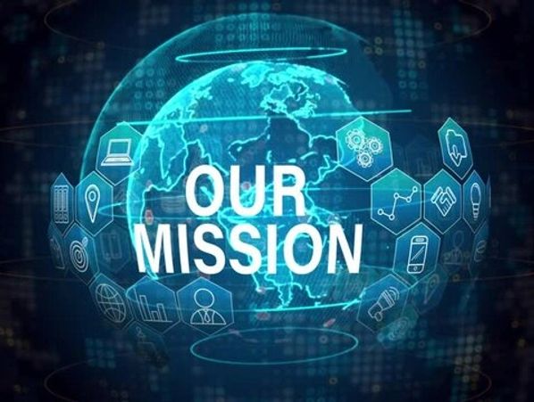 Digital globe with 'Our Mission' text surrounded by technology icons.