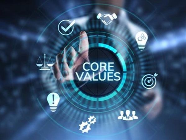 Digital interface displaying core values with icons and a hand pointing.