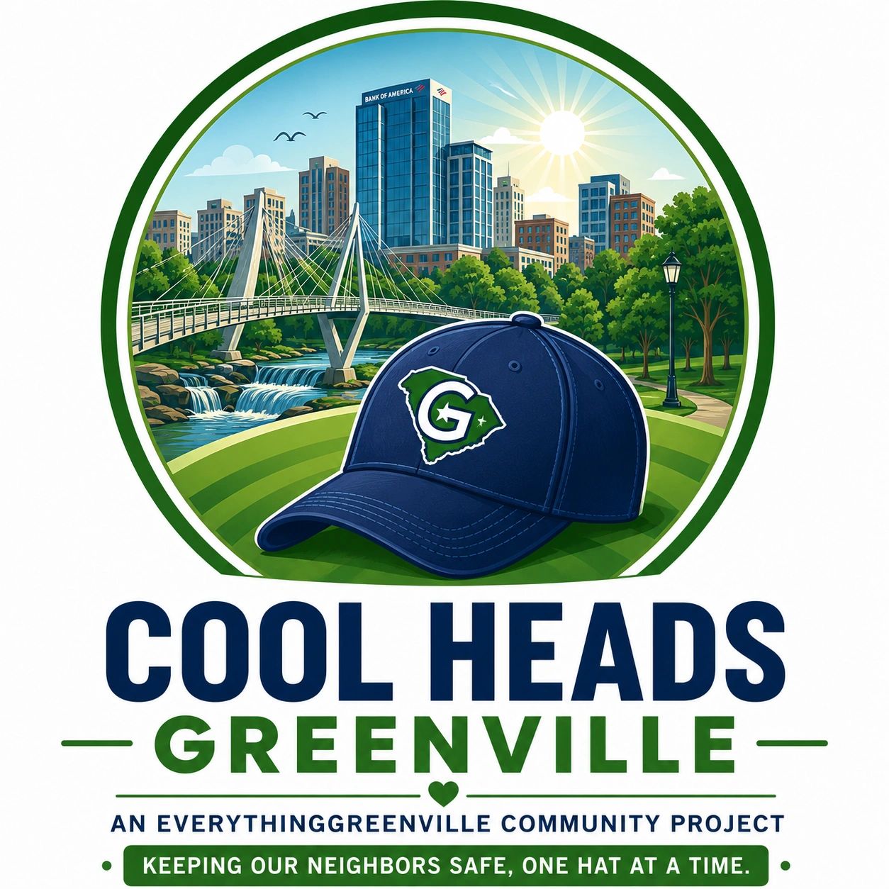 Cool Heads Greenville community project logo with hat and cityscape.