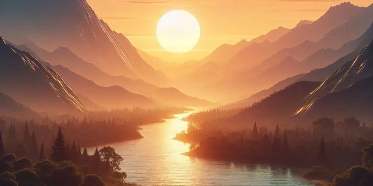 A winding river reflects the sunlight, symbolizing tranquillity and the journey of transformation, pe