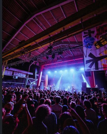 Crowded concert with vibrant stage lighting and enthusiastic audience.