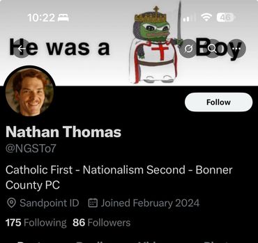 Screenshot of a Twitter profile showing user Nathan Thomas with religious and nationalist themes.