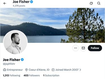 Screenshot of Joe Fisher's Twitter profile with a lake and forest header.