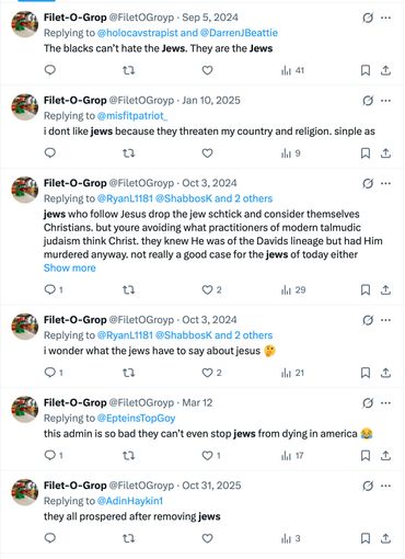 Screenshots of tweets expressing anti-Semitic views.