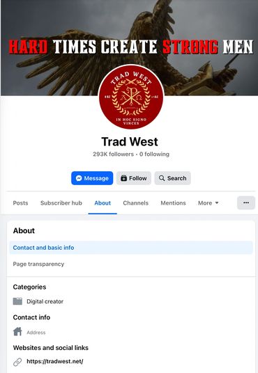 Facebook page of Trad West with a bold slogan and 293K followers.