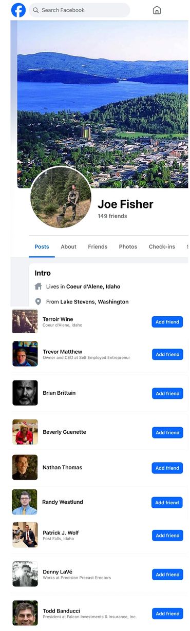 Facebook profile page of Joe Fisher with friends list and location info.