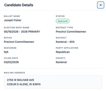 Candidate Joseph Fisher approved for 2026 Precinct Committeeman in Kootenai County.