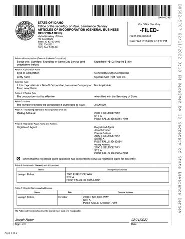 State of Idaho business incorporation document for Joseph Fisher.