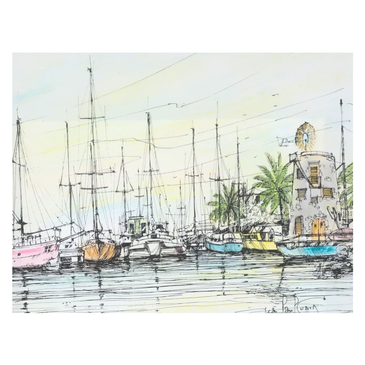 Sketch of a harbor with sailboats and a building with a windmill.