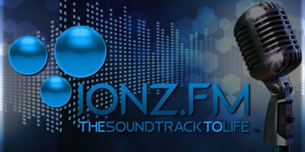 Logo of IONZ.FM with a vintage microphone and soundwave background.