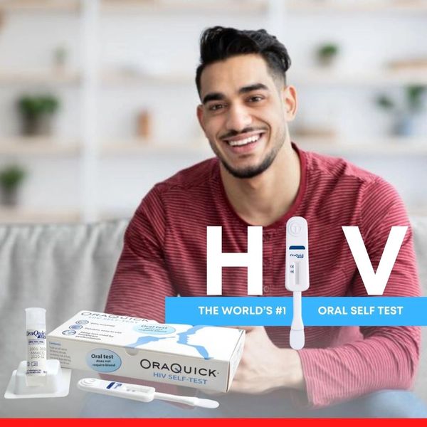 Smiling man promoting OraQuick HIV oral self-test kit.