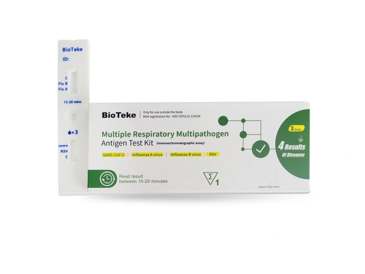 BioTeke 4-in-1 professional respiratory antigen test kit displayed in a clean professional healthcar