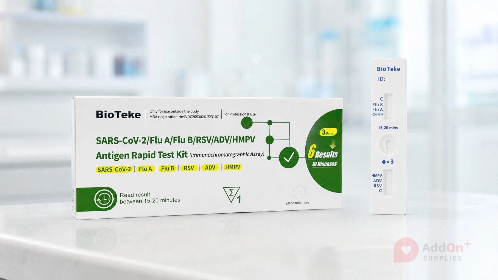 BioTeke 6-in-1 HMPV respiratory antigen rapid test kit displayed in a clean professional healthcare setting.