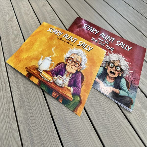 Two illustrated books titled Scary Aunt Sally on a wooden surface.