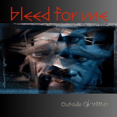 Abstract blue-toned artwork with distorted faces and red text saying 'bleed for me'.