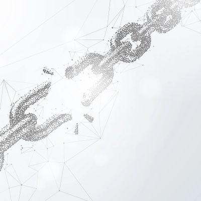 A digital chain link breaking apart into particles against a light background.