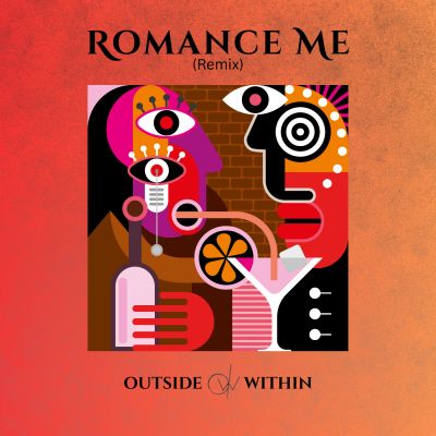 Abstract cover art for 'Romance Me (Remix)' featuring two stylized faces and vibrant colors.
