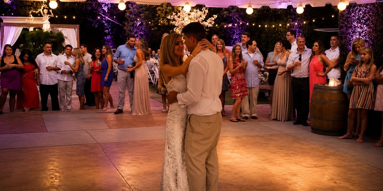 A couple shares a romantic dance surrounded by guests at a warmly lit outdoor wedding reception.