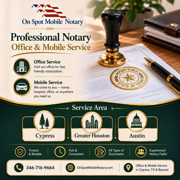 From Cypress to Houston, from 
Cedar Park to Austin — On Spot 
Mobile Notary services to your door 