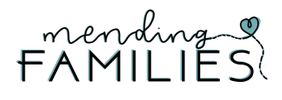 Logo with the text 'mending FAMILIES' and a heart-shaped thread design.