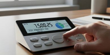 Person calculating estimated property tax with a digital calculator.