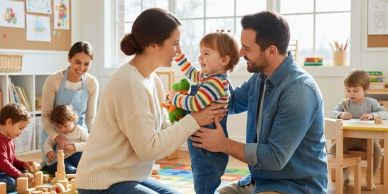 Parents playing with toddler in daycare.