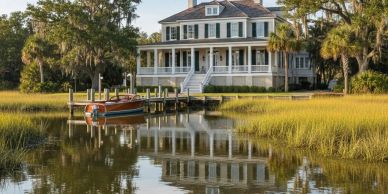 Large house by a waterfront with a boat docked.