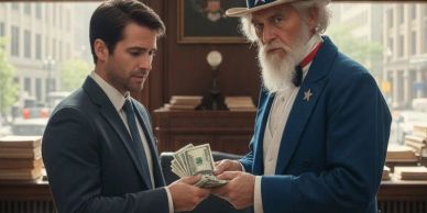A man in a suit receives money from a man dressed as Uncle Sam.