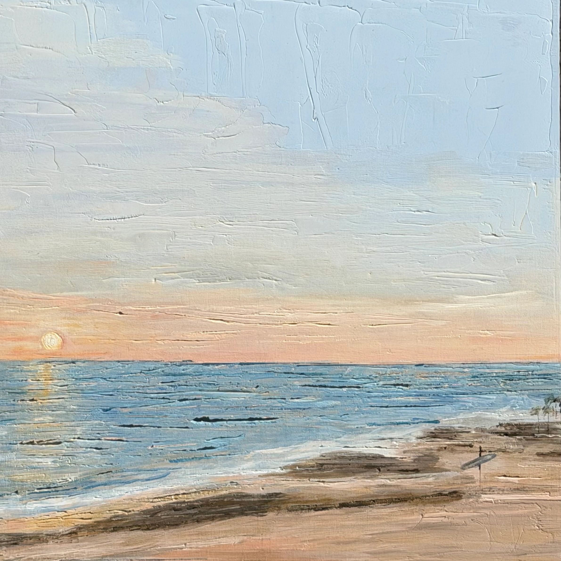 Textured painting of a serene sunset over the ocean with a rocky shore.