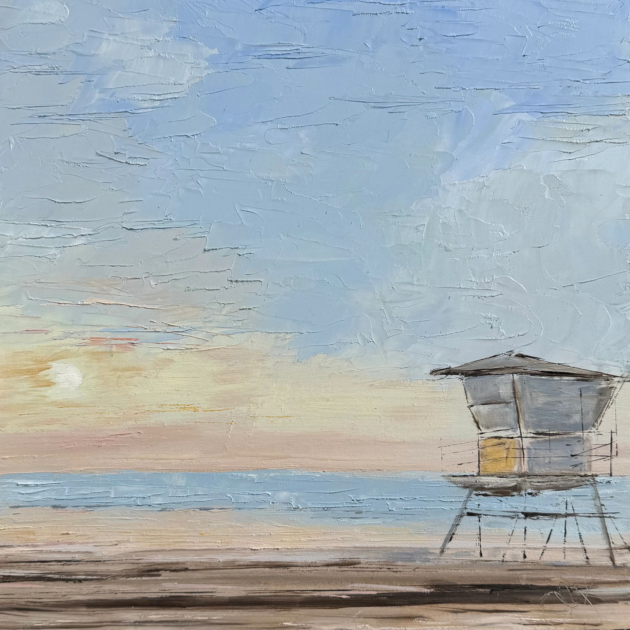 Original oil painting of a beautiful La Jolla California sunset with a life tower. Peace, calm, prot