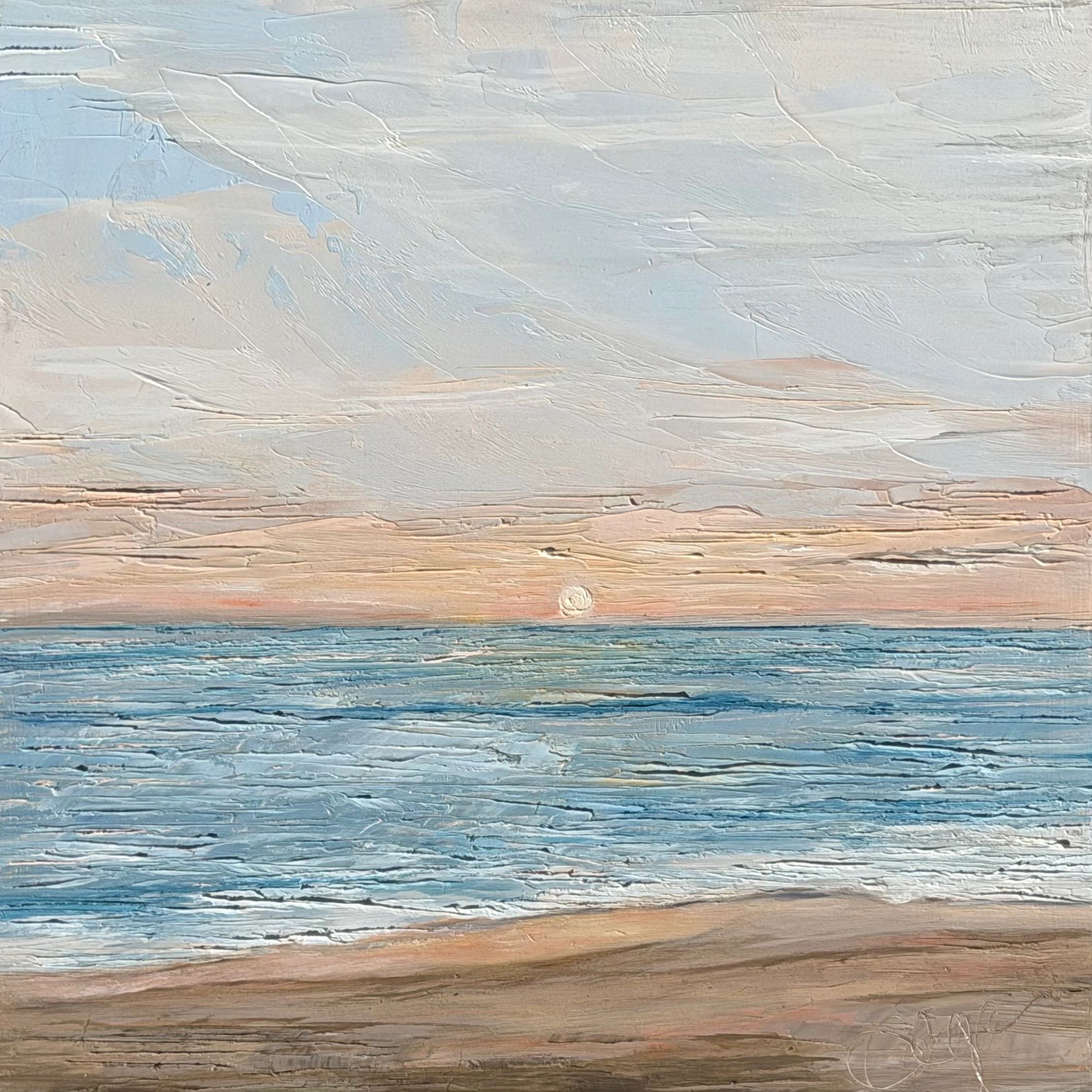 Textured oil painting of a serene ocean sunset.