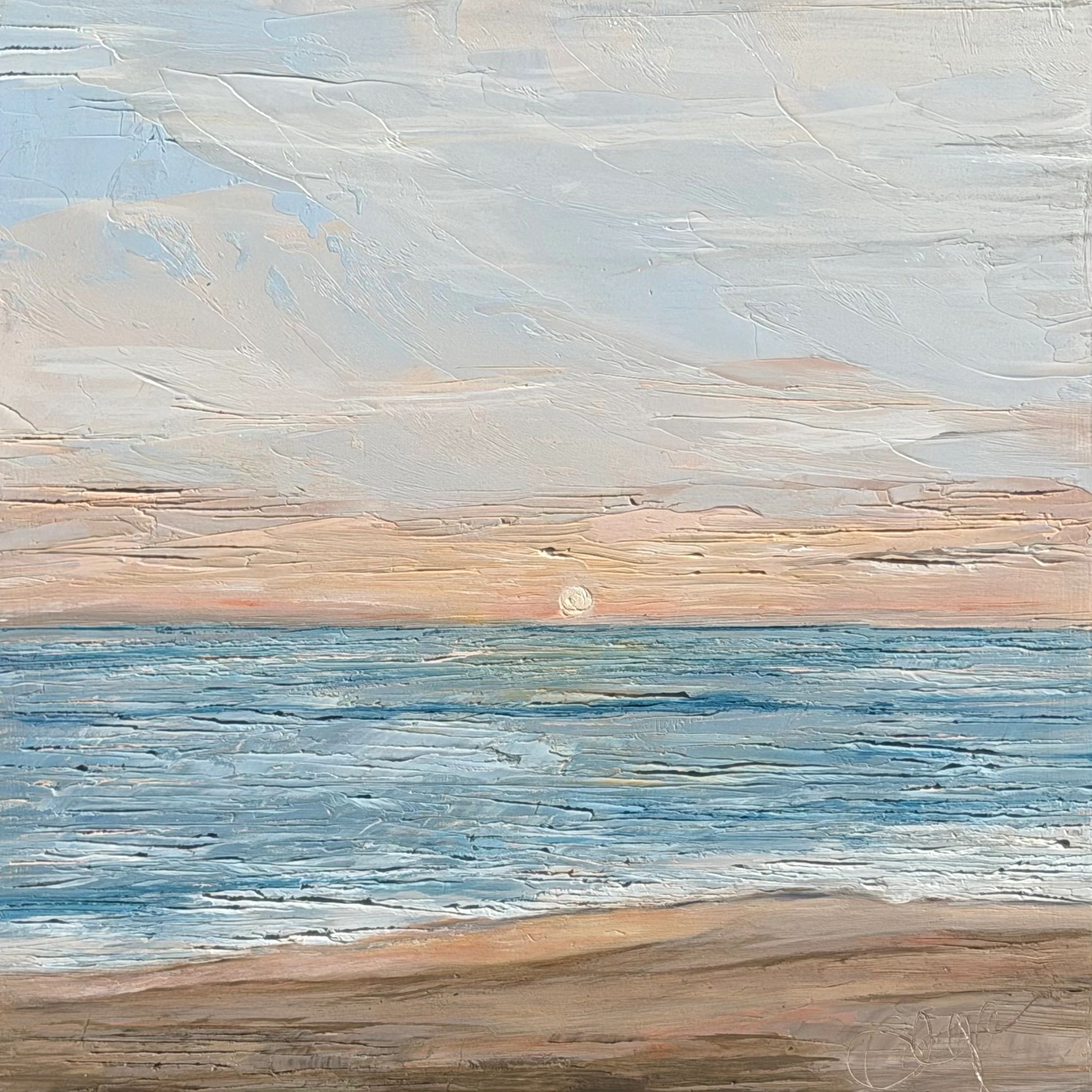 Textured oil painting of a serene ocean sunset.