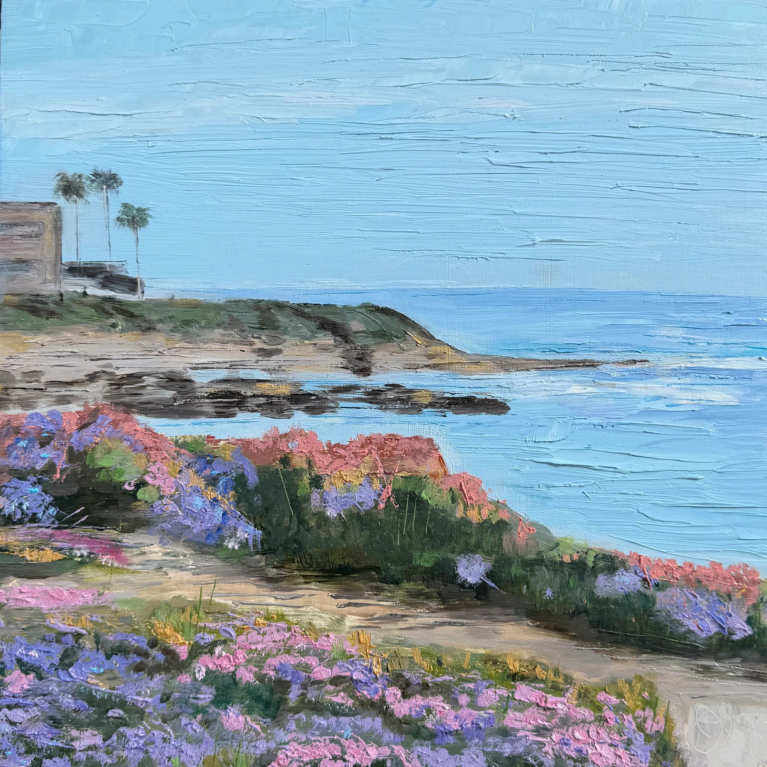 Original oil painting of La Jolla, California during the Spring, lots of flowers and vibrant colors,