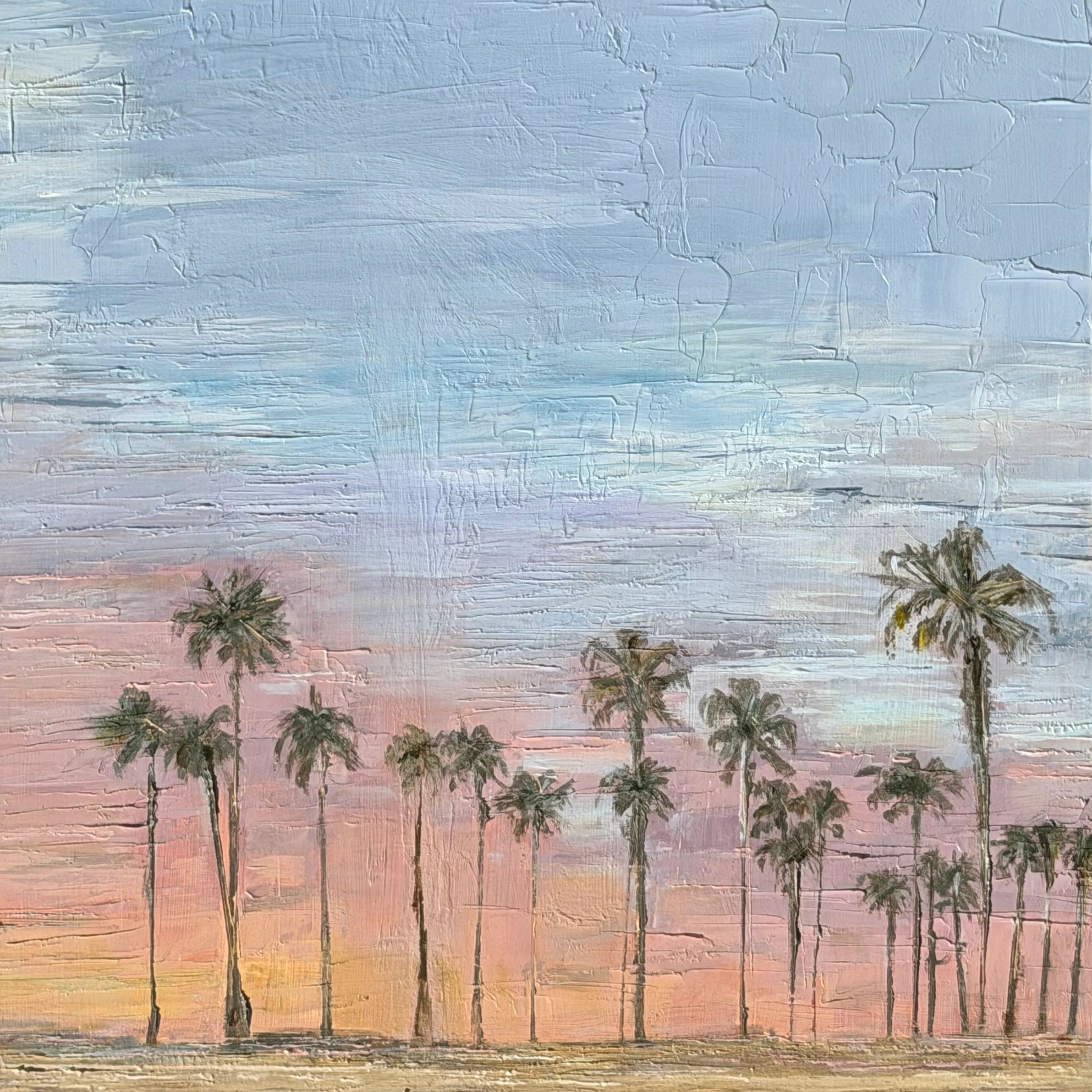 Textured painting of palm trees at sunset with pastel sky.