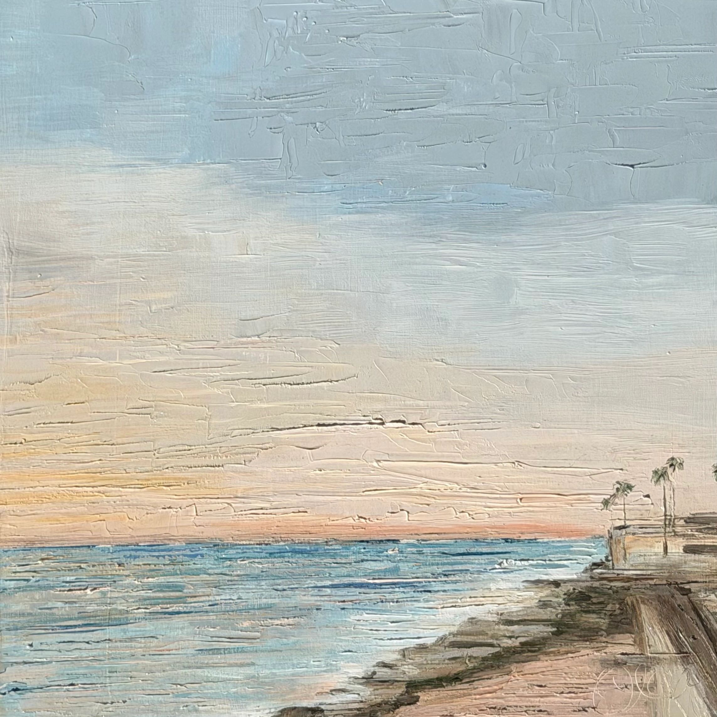 Textured painting of a coastal scene with a sunset and a lighthouse.