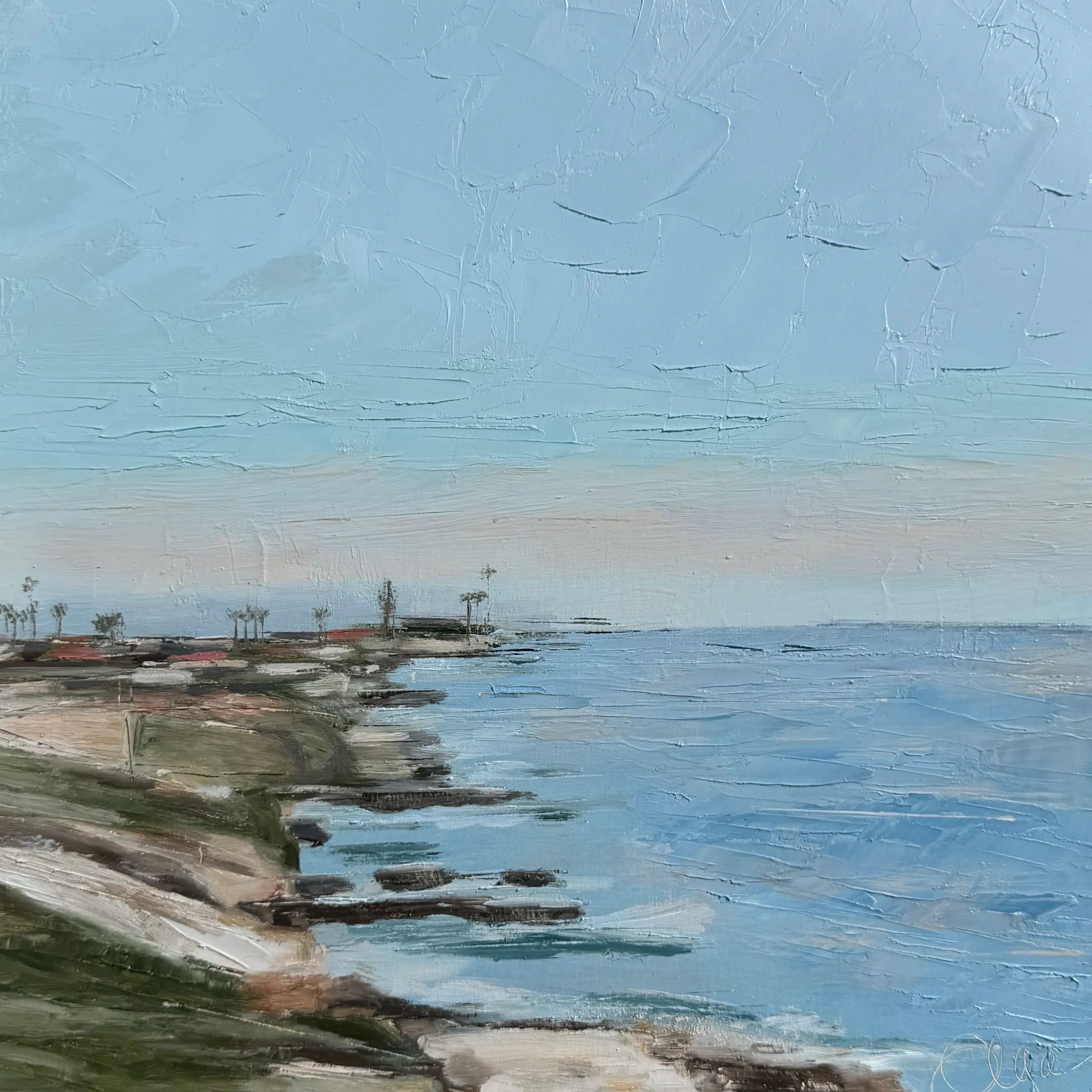 Original oil painting in La Jolla california, calm, beautiful, summer walk, along the pacific ocean.