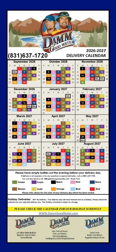2026-2027 water delivery calendar with color-coded schedule and contact info.