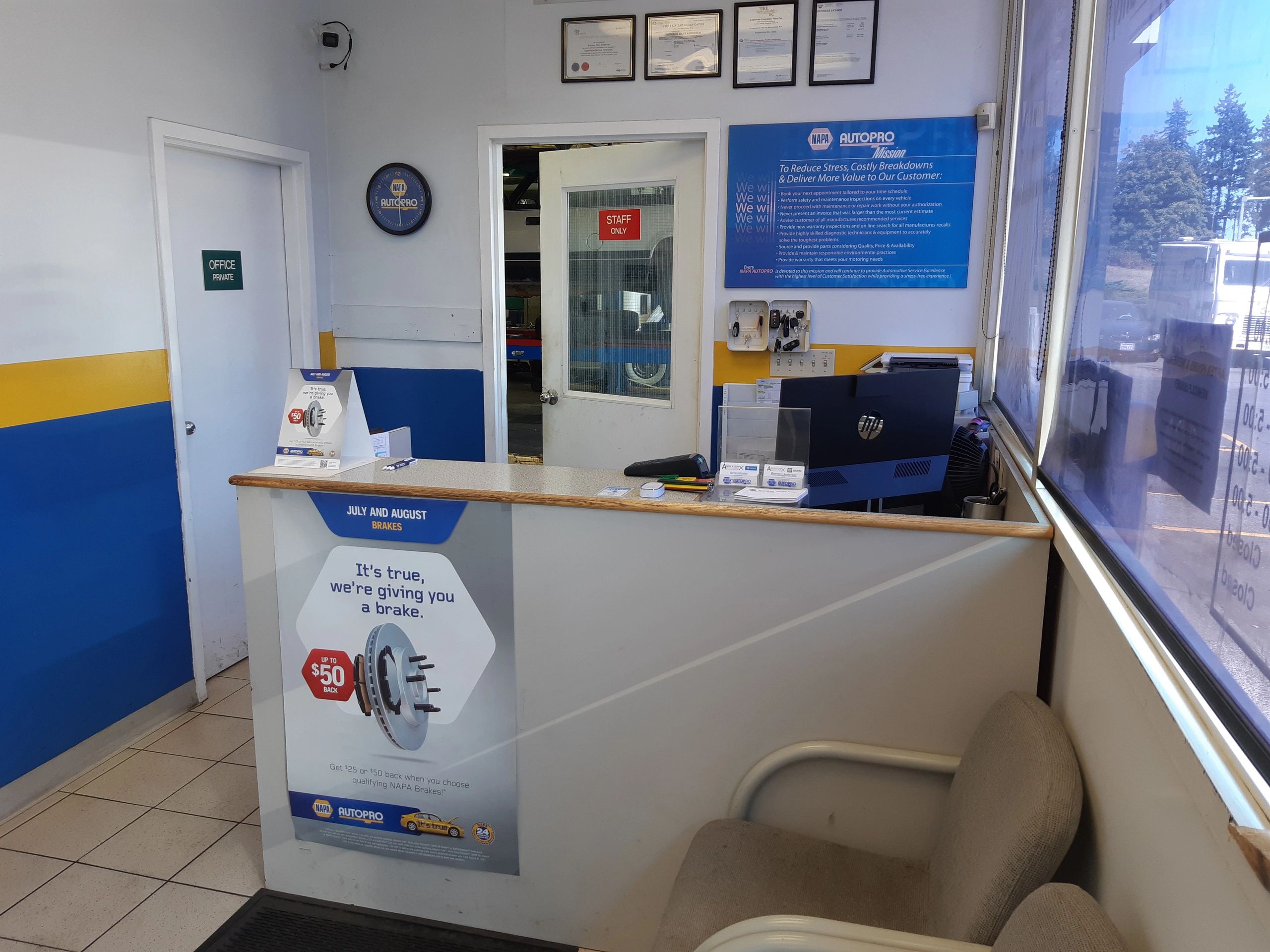 Front desk area of our NAPA Autopro shop.  Car and truck repairs and maintenance.