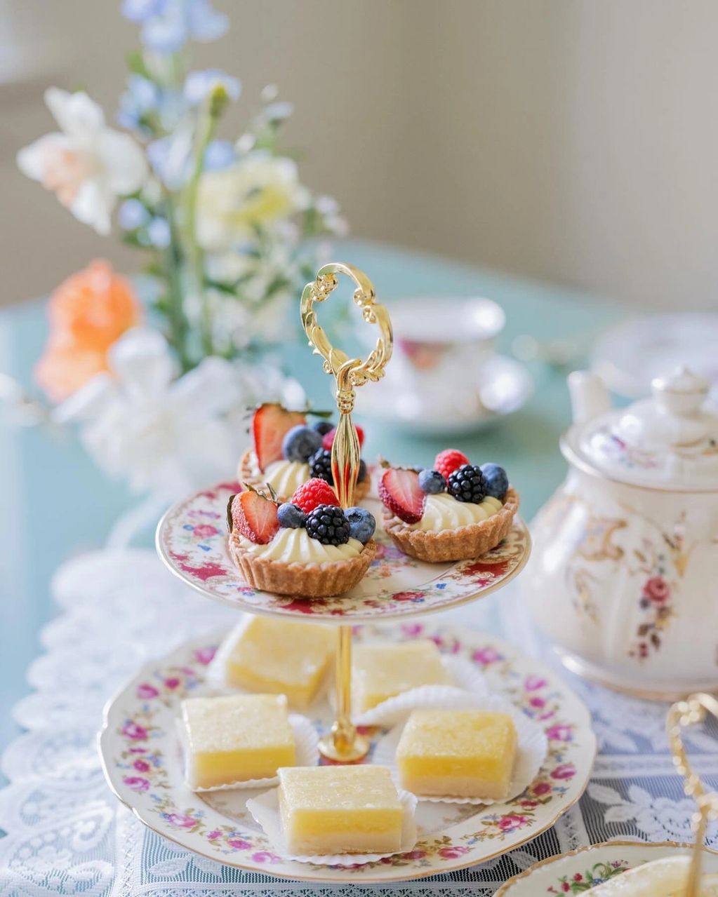 2 Tiered stand with bite sized food for bridal tea party