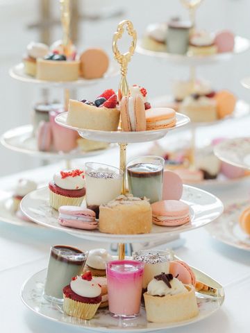 Tiered tray filled with desserts at a tea party