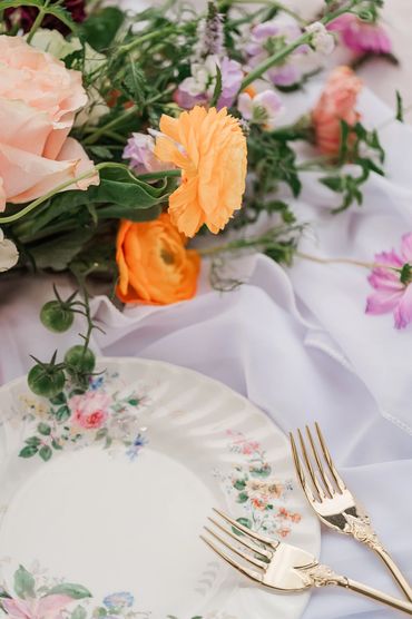 flat lay florals and forks