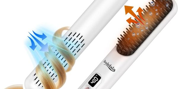 White heated hair styling brush with digital temperature display and airflow illustration.