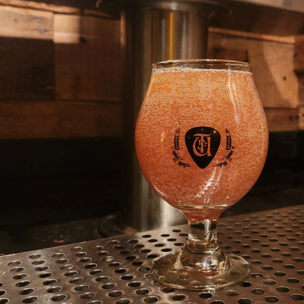 A bubbly amber drink in a glass on a metallic surface.