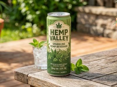 A can of Hemp Valley sparkling hemp beverage with a glass of ice and mint on a wooden table.