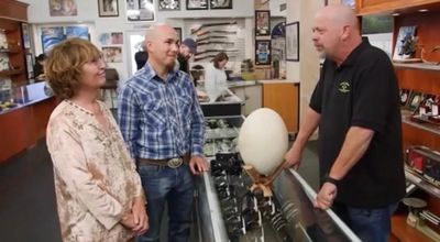 Andre LuJan and Rick Harrison on the set of Pawn Stars TV show.