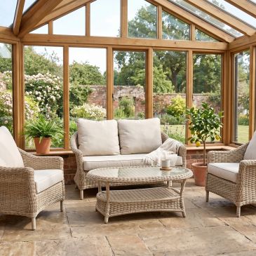 Cozy sunroom with wicker furniture and garden view.